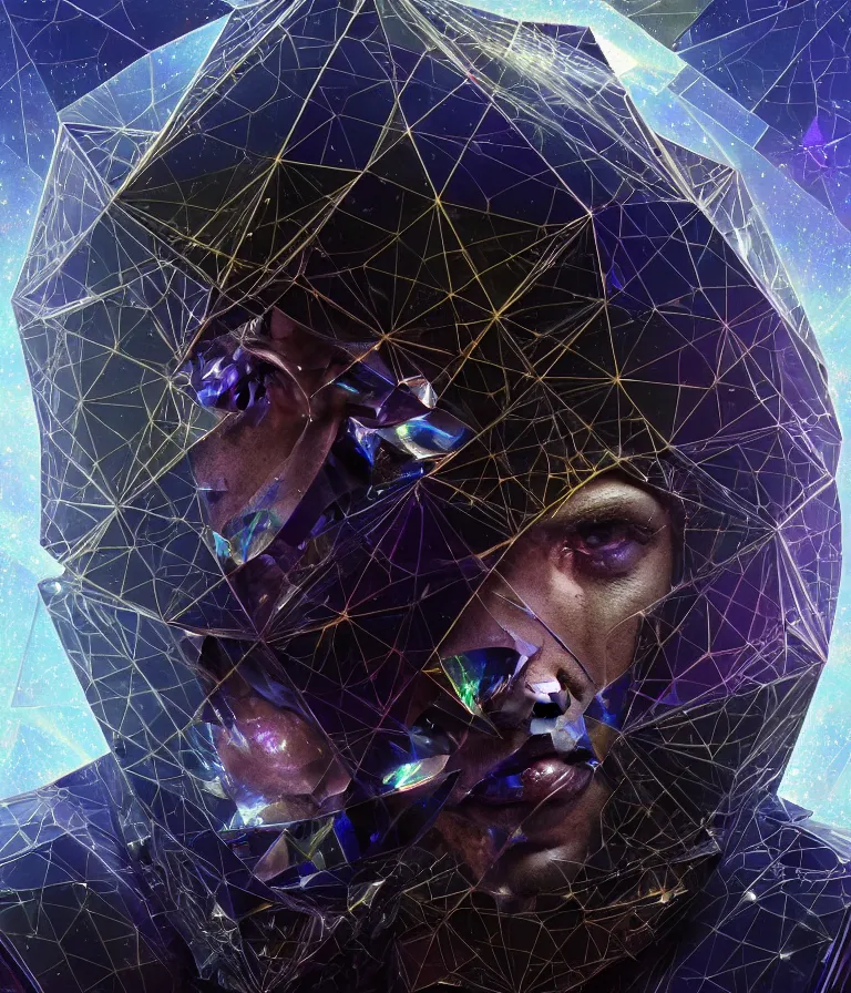 Image similar to front!!! shot of a court jester!!! character, mesmerizing fractal hypercubes, platinum cracked, dark holography!!!, future, metallic galactic, crystalline edges, polygonal, elegant, highly detailed, centered, (((artstation, concept art, jagged, sharp focus, artgerm, Tomasz Alen Kopera, Peter Mohrbacher, donato giancola, Joseph Christian Leyendecker, WLOP, Boris Vallejo))), ((raytracing)), mugshot!!!!!, ugly!!!!!!, octane render, nvidia raytracing demo, octane render, nvidia raytracing demo, octane render, nvidia raytracing demo, 8K, cinematic, masterpiece, fine portrait