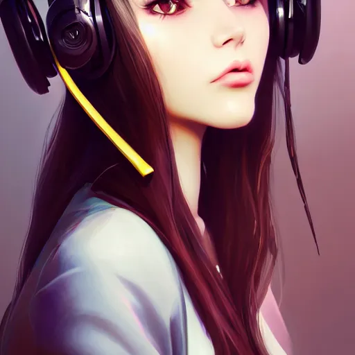 Prompt: beautiful full portrait of a girl, brunette curvy long hair, full - body shot, wearing cyberpunk headphones, streetwear, like a fashion model + high detailed, resolution beautifully detailed landscape trending on artstation 8 k, cinematic, epic detailed trending on artstation 8 k, by bukurote + krenz cushart + ryota - h + wlop