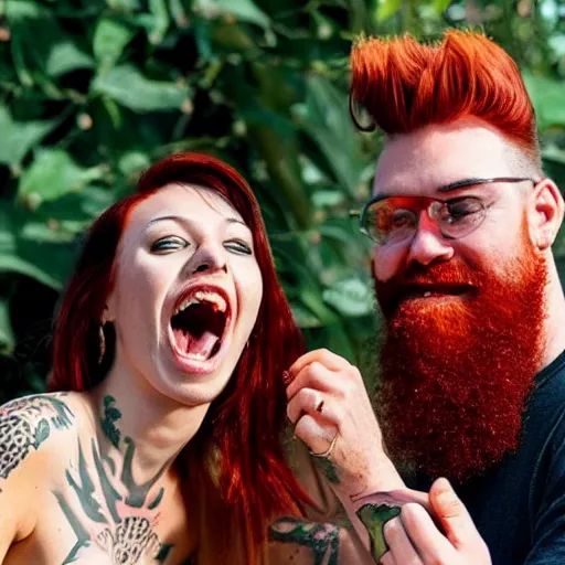 Image similar to an attractive slender woman with red orange hair and a man with a dark beard and tattoos are very happy amongst cheese and lizards