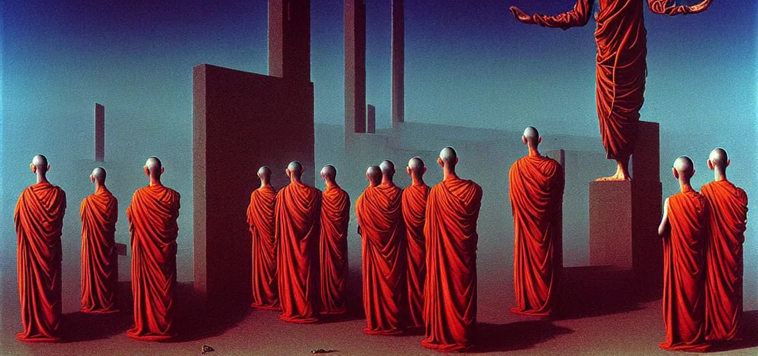 Image similar to dystopian surreal painting alien monks praying to a single eerie head statue surrounded by uneven buildings, artstyle by zdzisław beksinski and caravaggio