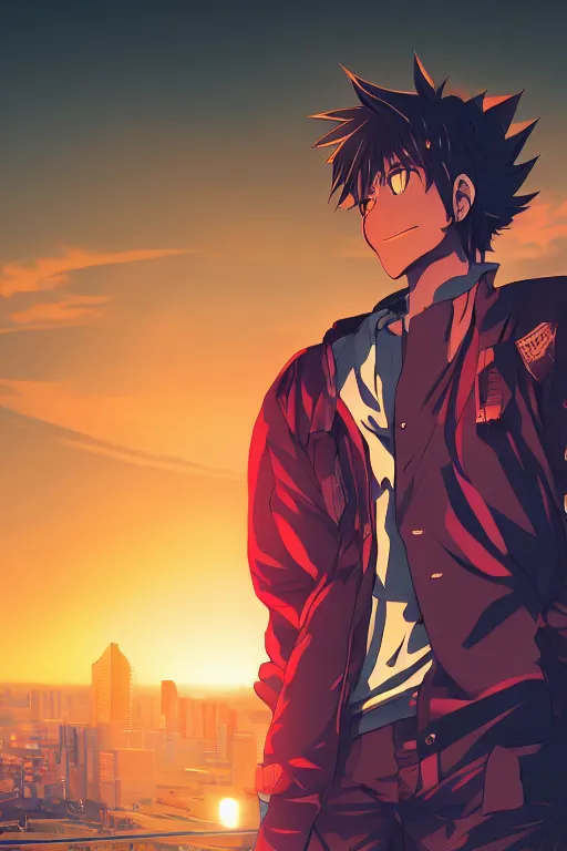 Prompt: beautiful anime man with grin on his face in a cyberpunk environment, sunset 8k