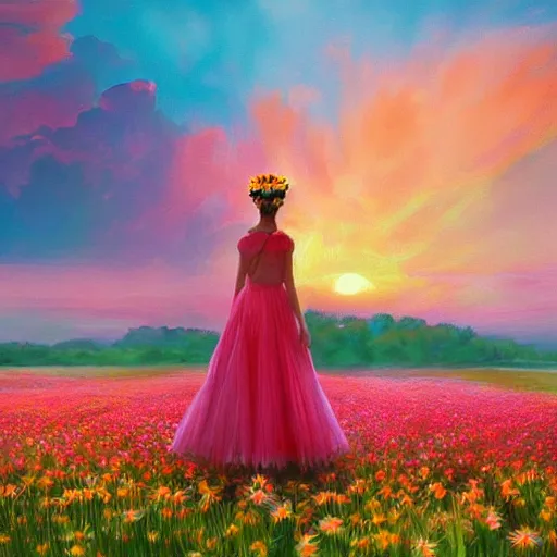 Prompt: wearning giant daisy flower crown, full body girl standing in a flower field, surreal photography, sunrise, dramatic light, impressionist painting, colorful clouds, digital painting, artstation, simon stalenhag