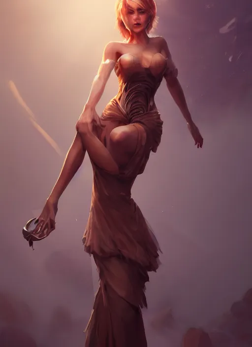 Image similar to beautiful fashion goddness, strapless dress, character portrait in the style of thomas river and artgerm, wlop, cinematic lighting, hyperdetailed, 8 k realistic, symmetrical, global illumination, radiant light, halo, love and mercy, frostbite 3 engine, cryengine, dof, trending on artstation, digital art, chanel