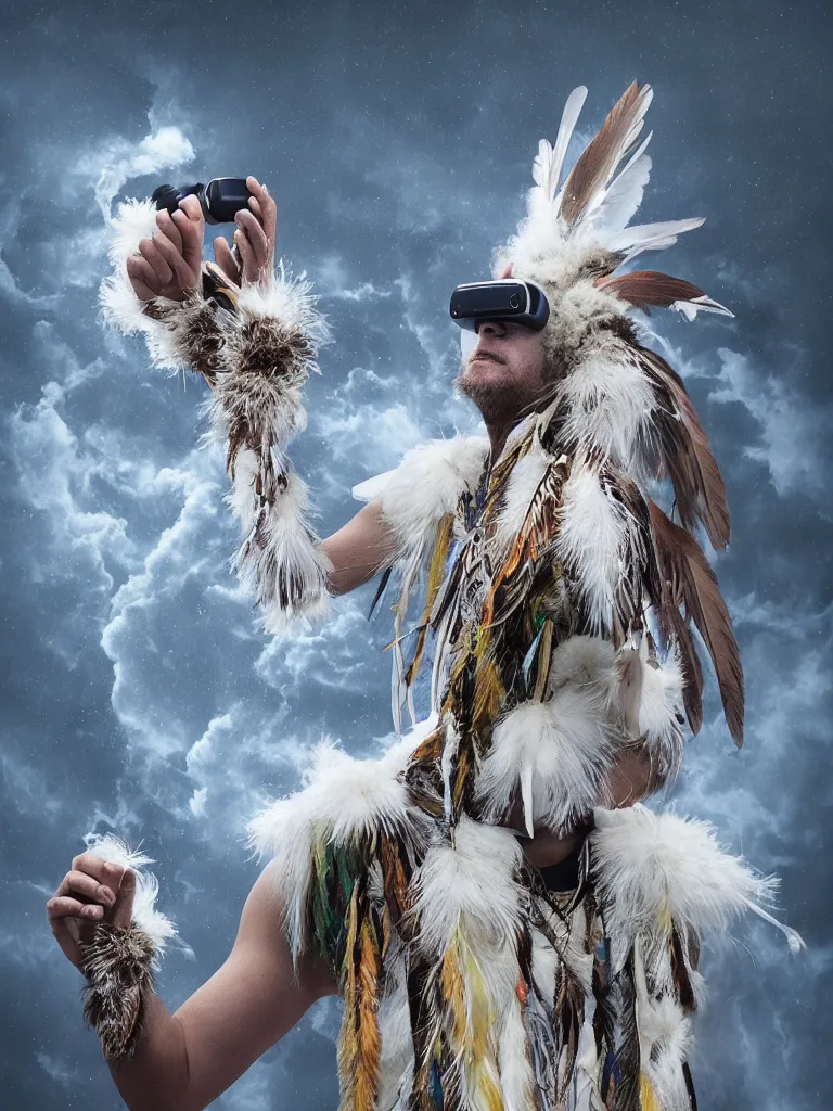 Prompt: full body portrait of a indigenous shaman with transparent crystal prosthetic legs and brain to brain sensing interface virtual reality headset and feathered furry biocouture skin dancing inside a cumulonimbus storm