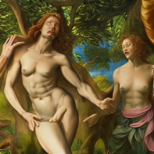 Image similar to Close-up of God being angry in the Garden of Eden. Adam and Eve look very guilty- elegant, highly detailed, centered, Artgerm