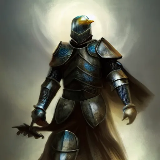 Image similar to armored knight hold a luminance white bird on outstretched hand carefully, atmospheric, concept art