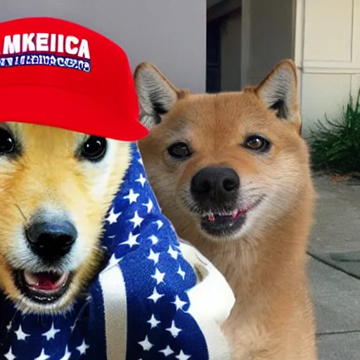 Prompt: doge wearing a make america great again cap