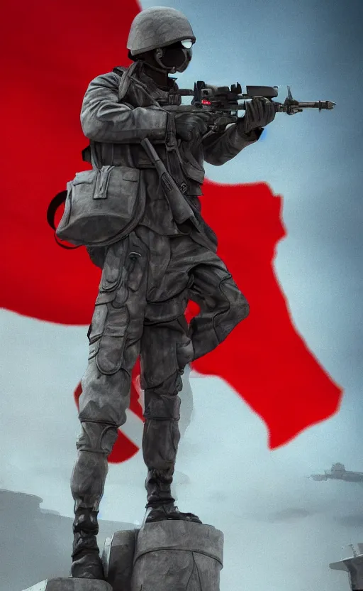 Prompt: Futuristic Soviet soldier with red flag in background, overdetailed digital art, hd, 4k