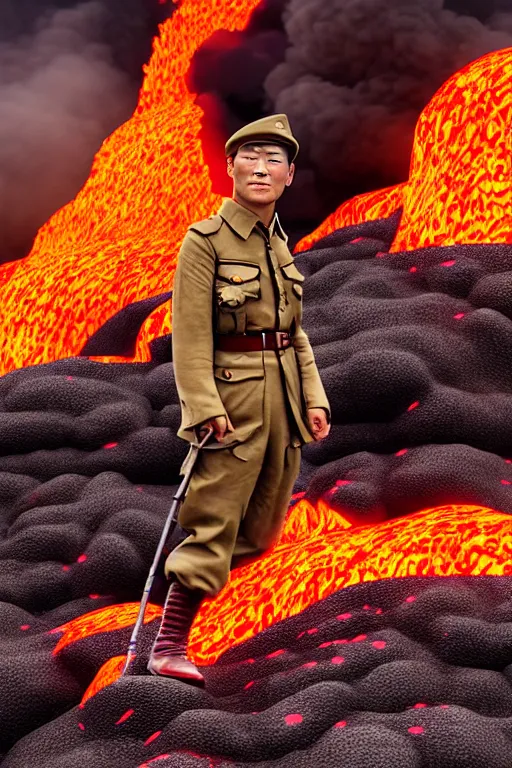 Image similar to japan world war soldier swimming on lava mountain, - photorealistic, smooth, aesthetic lighting, baroque object, pullitzer winning, photo by : canon eos 5 d mark iv, versatile, lens interoperability, autofocus, 4 k uhd video capture at 3 0 fps, 8 k time - lapse functions, by karah mew and adnan abidi