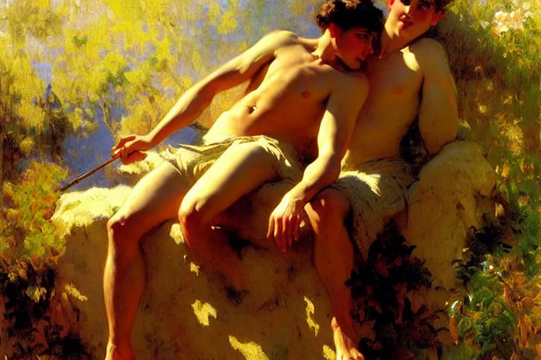 Image similar to summer, attractive male, dreamy, painting by gaston bussiere, craig mullins, j. c. leyendecker