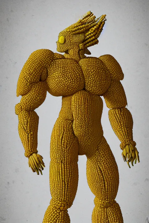 Image similar to a humanoid figure made of corn, highly detailed, digital art, sharp focus, trending on art station, anime art style