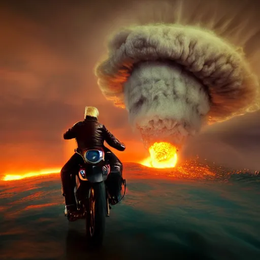 Prompt: trump riding a atom bomb into a hurricane, trending on artstation, photorealistic, high resolution, octane, unreal engine, weta digital, e,