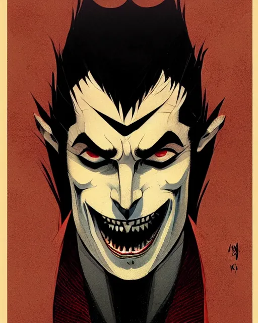 Image similar to handsome vampire king with crown and fangs, symmetrical face, evil, cinematic, dramatic, powerful, super detailed and intricate, by koson ohara, by darwyn cooke, by greg rutkowski, by satoshi kon