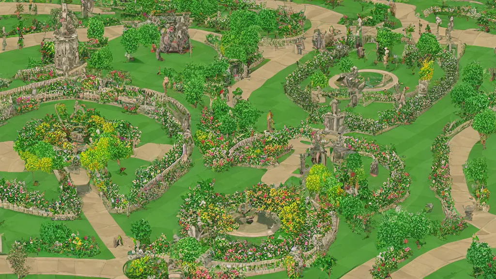 Prompt: versailles garden in an early 3 d low polygon style