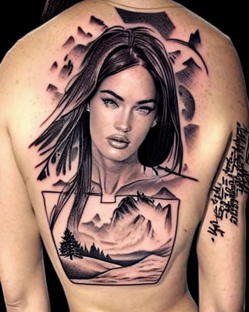 Image similar to creative double exposure effect tattoo design sketch of megan fox with beautiful mountain scenery, realism tattoo, in the style of matteo pasqualin, amazing detail, sharp