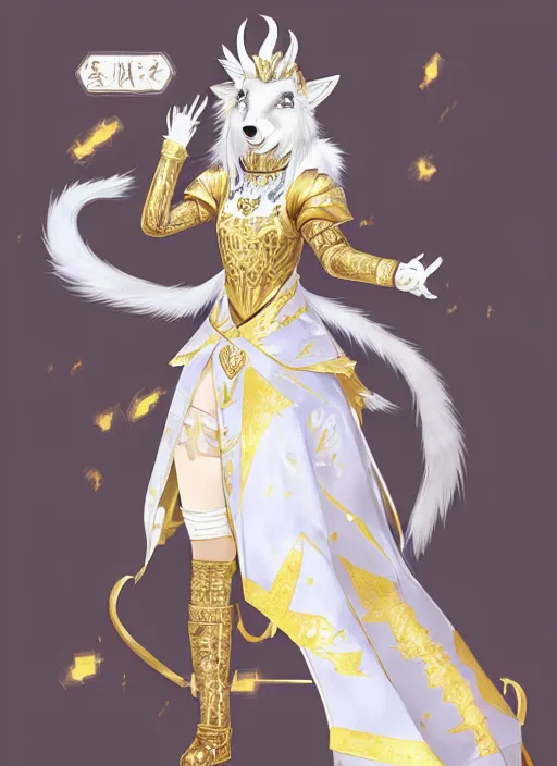 Image similar to commissioned full body furry portrait of a female anthro wolf-headed princess fursona with white hair wearing a white and gold chinese armored dress in a white and gold palace, by a professional manga illustrator, Stanley Artgerm Lau, WLOP, Rossdraws, James Jean, Andrei Riabovitchev, Marc Simonetti, and Sakimichan, trending on artstation