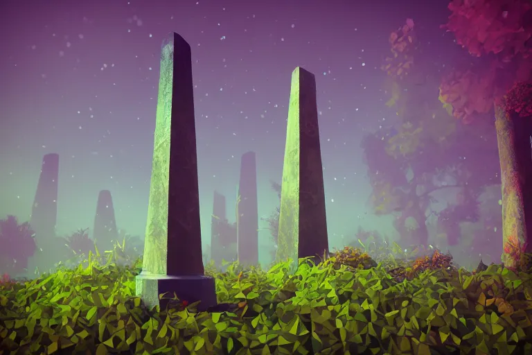 Prompt: super detailed color lowpoly art, overgrown mystical meadow with numerous trees, ancient stone obelisks with subtle glowing runes, unreal engine, retrowave color palette, 3 d render, lowpoly, colorful, digital art, perspective