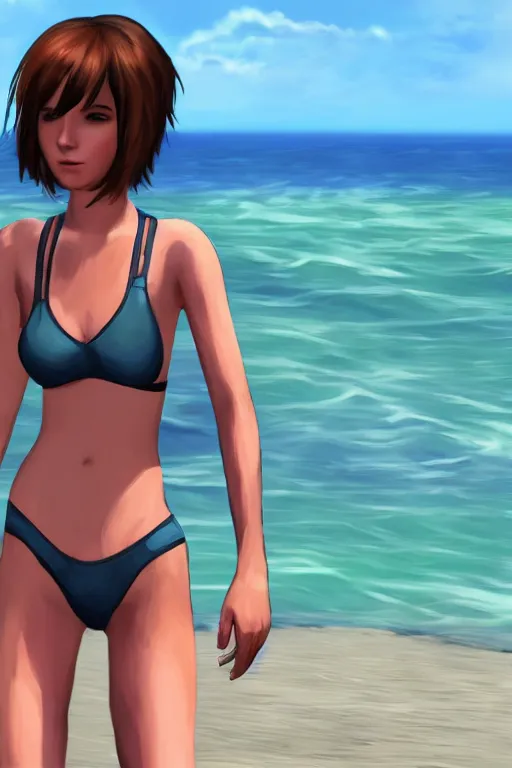 Prompt: Max Caulfield enjoying the summer on the beach