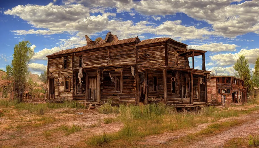 Prompt: an abandoned old west ghost town, digital art, highly detailed, realistic, bright colors, 8 k