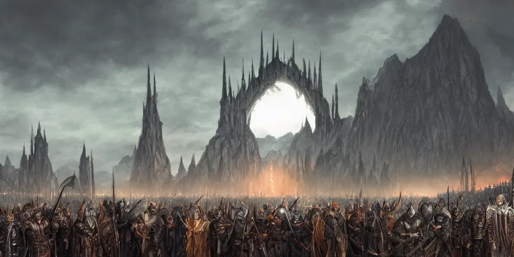 Image similar to Sauron in the foreground with his troops in the background in the evening, detailed matte painting, cinematic, Alan Lee, Artstation