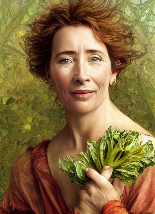 Image similar to emma thompson as an organic vegetable, diffuse lighting, fantasy, intricate, elegant, highly detailed, lifelike, photorealistic, digital painting, artstation, illustration, concept art, smooth, sharp focus, art by john collier and albert aublet and krenz cushart and artem demura and alphonse mucha