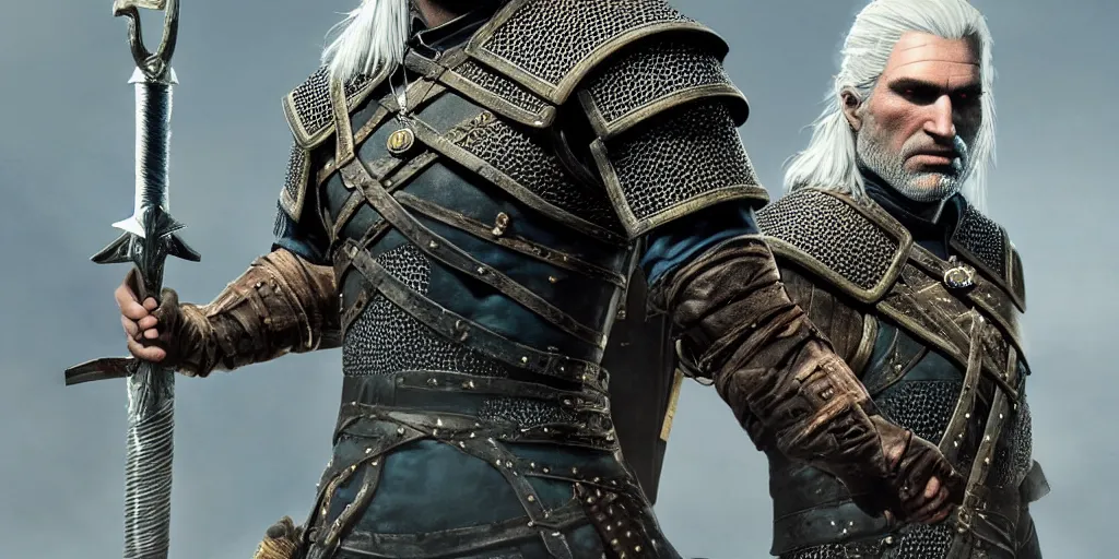 Image similar to geralt, but from syria new costume concept design with metal sholders and ornaments on the armor, witcher, oriental armor, fashion, colors with gold and dark blue, concept art, by artgerm, greg rutkowski, cinematic light, featured on artstation, octane render, sharp focus, ray tracing, artstationhq, cgsociety, 8 k.