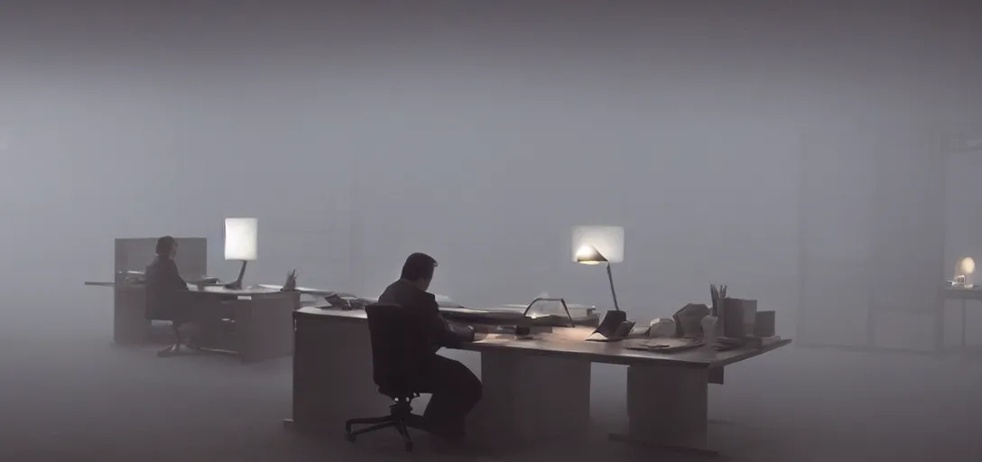 Image similar to an isolated man working at his desk, foggy, cinematic shot, photo still from movie by denis villeneuve, wayne barlowe