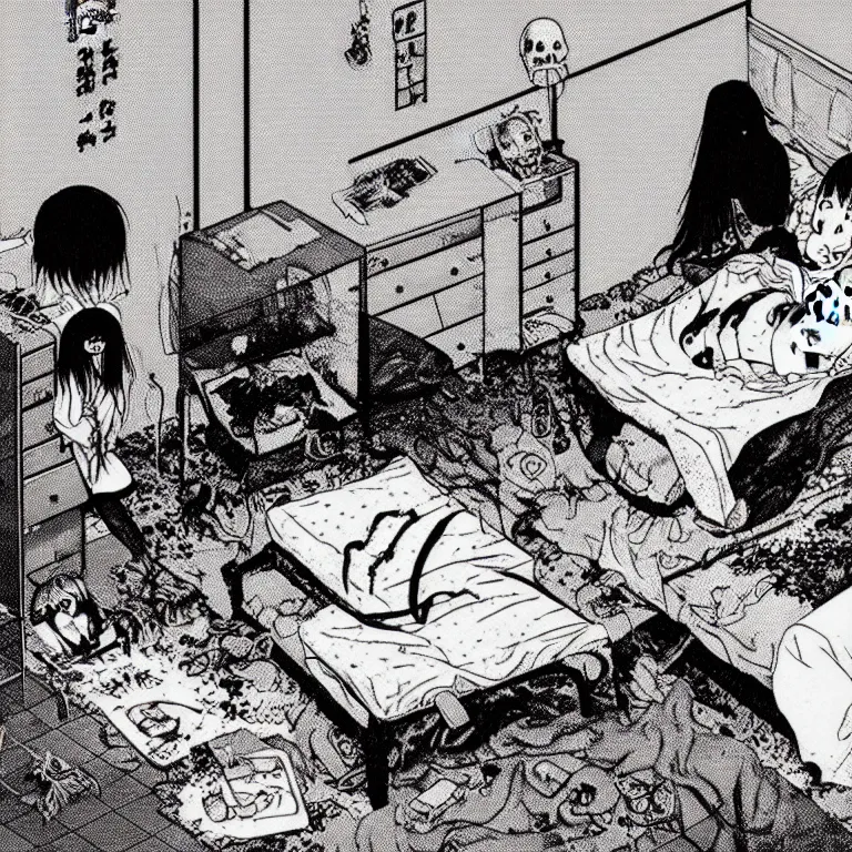 Image similar to cursed illustration of beautifully ominous creepy sleep paralysis demon observing sleeping teenager inside 1 9 8 0's cluttered bedroom. manga style of junji ito, kentaro mirua, weirdcore, octane render