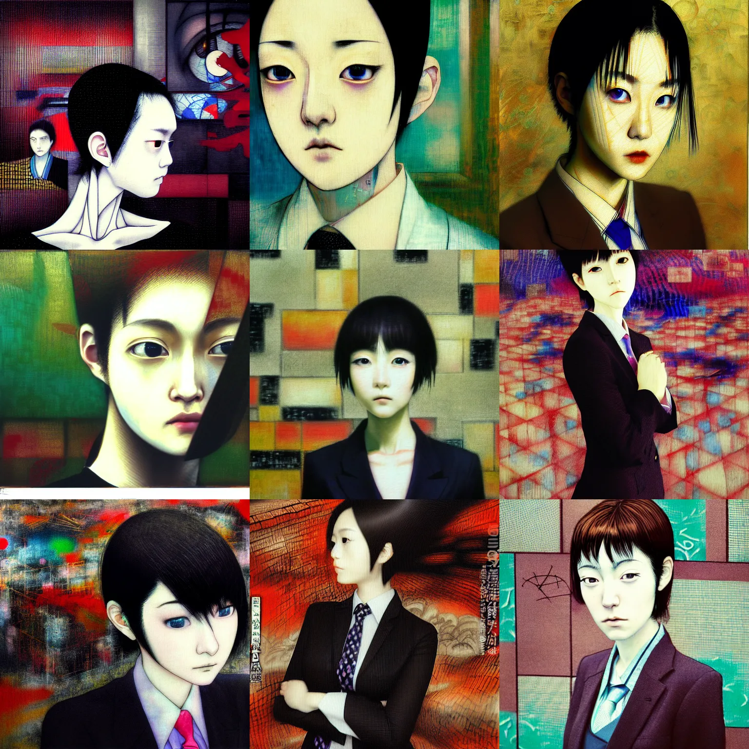 Image similar to yoshitaka amano blurred and dreamy realistic three quarter angle portrait of a young woman with short hair and black eyes wearing office suit with tie, junji ito abstract patterns in the background, satoshi kon anime, noisy film grain effect, highly detailed, renaissance oil painting, weird portrait angle, blurred lost edges