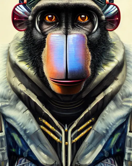 Prompt: a portrait of an anthropomorphic cyberpunk baboon by sandra chevrier, by jon foster, detailed render, tape deck, epic composition, cybernetics, 4 k realistic, cryengine, realistic shaded lighting, sharp focus, masterpiece, by enki bilal