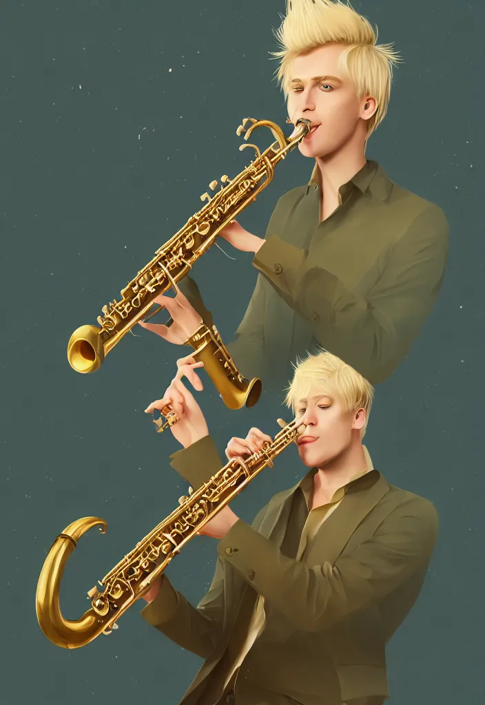 Image similar to a highly detailed illustration of a blond man with nice cloths playing the sax, on a nice calm serene environment, nature fractal on the background artstation, DeviantArt, professional, octane render, vector art