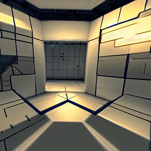 Image similar to a screenshot from a test chamber from the video game, portal, source engine