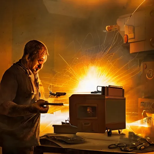 Image similar to cyborg toaster oven repairman, dark messy smoke - filled cluttered workshop, dark, dramatic lighting, orange tint, sparks, plasma rays, cinematic, highly detailed, sci - fi, futuristic, movie still