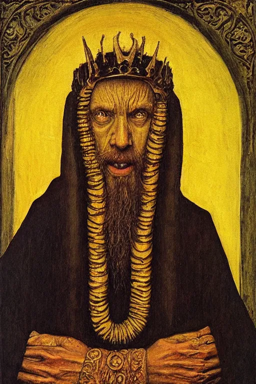 Image similar to portrait of hastur king in yellow, oil painting by jan van eyck, northern renaissance art, oil on canvas, wet - on - wet technique, realistic, expressive emotions, intricate textures, illusionistic detail