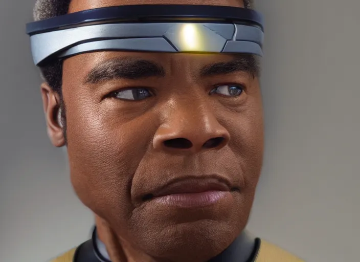 Image similar to Star Trek a hyper realistic ultra realistic photograph of Commander Geordi La Forge wearing his visor, highly detailed, 8k photograph