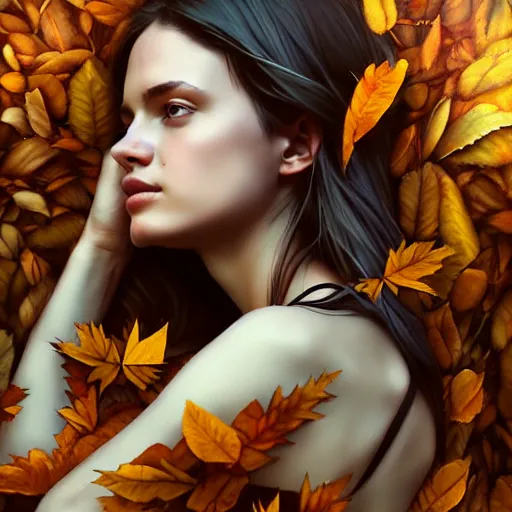 Image similar to a pretty girl clothed in leaves, surrounded by wolves digital painting, photorealistic, in the style of greg rutkowski, full body, detailed face