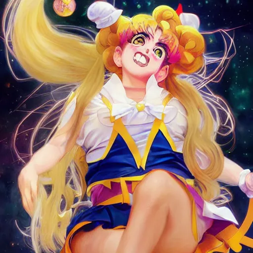 Image similar to Danny Devito dressed as Sailor Moon, Anime, Anime con, cosplay, intricate, elegant, highly detailed, digital painting, artstation, concept art, smooth, sharp focus, illustration, art by artgerm and greg rutkowski and alphonse mucha and francisco goya