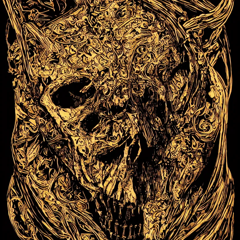 Prompt: photo of skull of wolf, lying on bones, dramatic lighting, circural, golden ornaments, symmetric, intricate skeletal decorations, symmetry, highly detailed, concept art, black, red, white, gold layers, centered, style of nekroxiii, hyperrealistic, dark background, smoke
