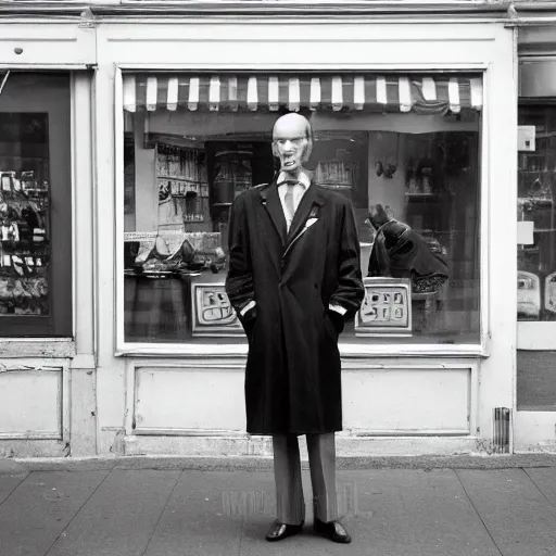 Prompt: analog medium format street photography portrait of a man in front of store window in new york, 1 9 6 0 s, highly detailed lifelike ultra - realistic man portrait photograph, photographed on colour expired film