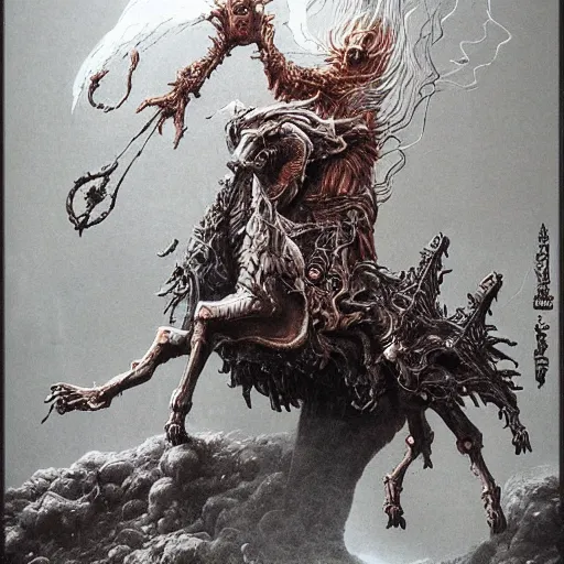 Prompt: epic wizard riding a robot horse through the gates of hell, shooting fire and flames out of his hands, beksinski style highly detailed art