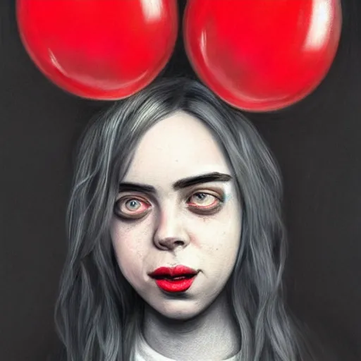 Prompt: surrealism grunge cartoon portrait sketch of billie eilish with a wide smile and a red balloon by - michael karcz, loony toons style, spider-man style, horror theme, detailed, elegant, intricate
