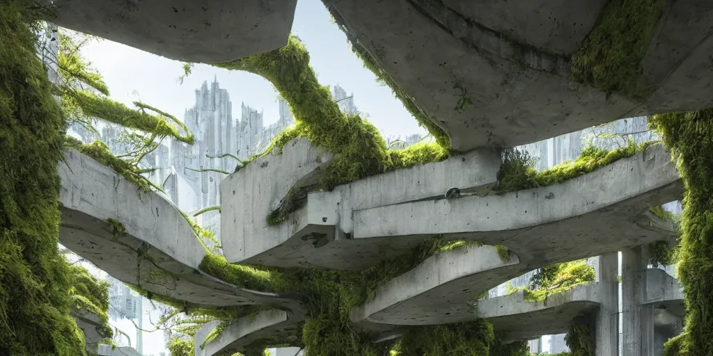 Prompt: concrete architecture with many walkways connecting the structures with moss and ivy growing all over, futuristic, late afternoon light, wispy clouds in a blue sky, by frank lloyd wright and greg rutkowski and ruan jia