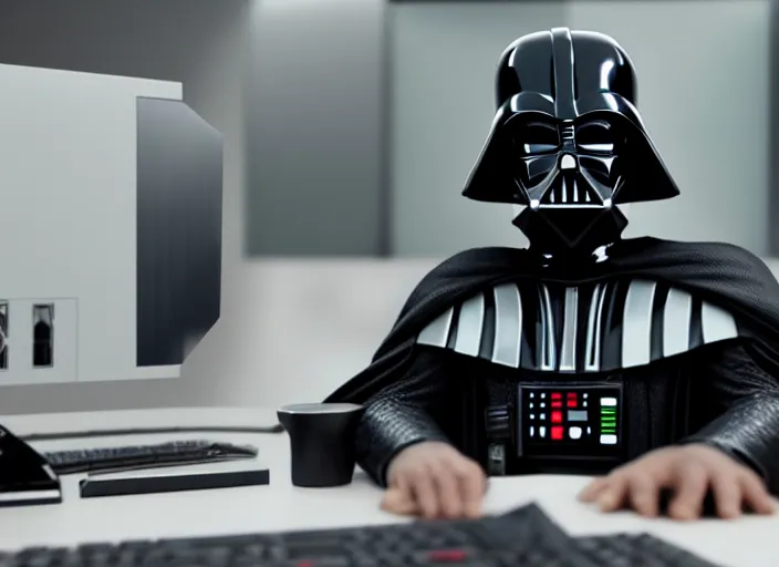 Image similar to film still of Darth Vader working in and office at a computer bored in the new Star Wars movie, 4k