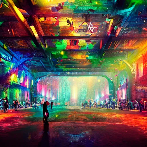 Image similar to cinematic shot epic hall of creatives, walls of large moving images, hyper realistic, mood lighting, fantasy, detailed people creating colorful diverse art, highly detailed, super realistic, perfect lighting pixel sorting, style sheet