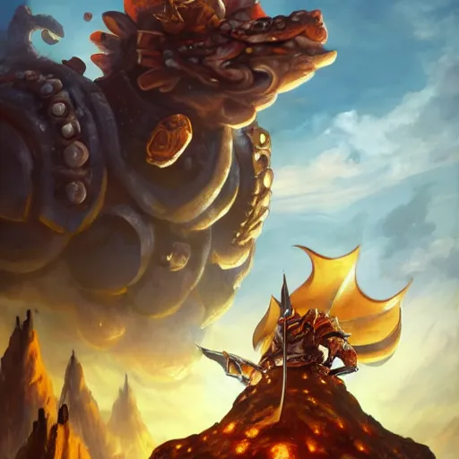 Image similar to King Koopa made of earth and molten metal with heavy knight armor in the style of anime by Peter Mohrbacher, Matte painting of mushroom kingdom in background, anime trending on artstation, HD, 4k,