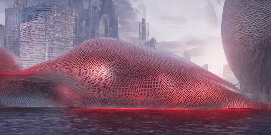 Image similar to An epic architectural rendering of a blob shaped trypophobia house with a mysterious red glow emitting from inside in a modern cityscape next to a river, by Zaha Hadid, stunning, gorgeous, golden ratio, photorealistic, featured on artstation, 4k resolution