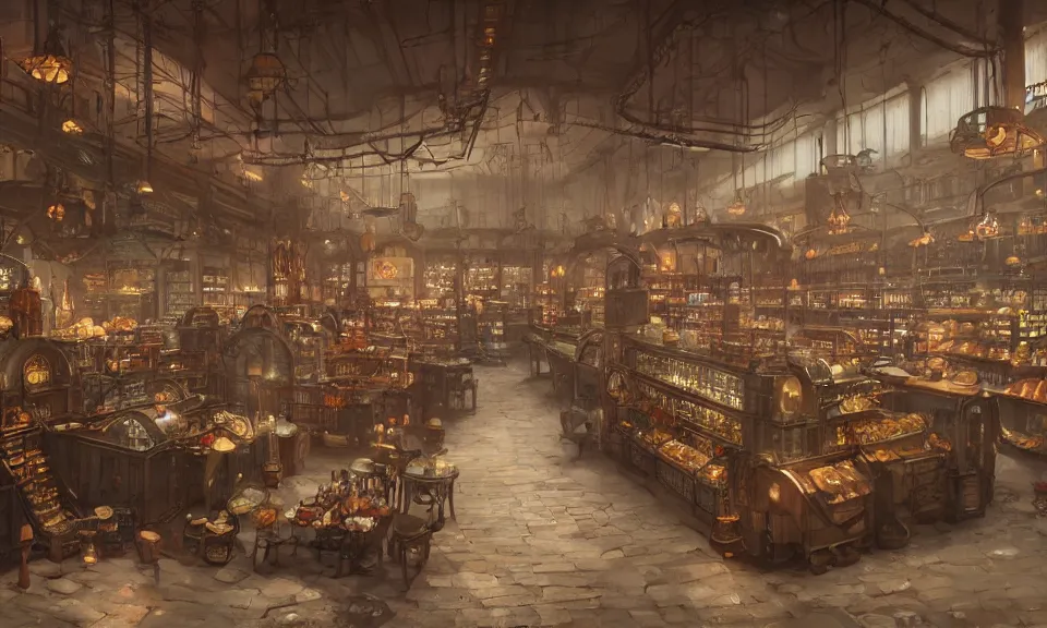 Image similar to Interior of a Steampunk grocery store Greg Rutkowski, ArtStation, CGSociety, Unreal Engine