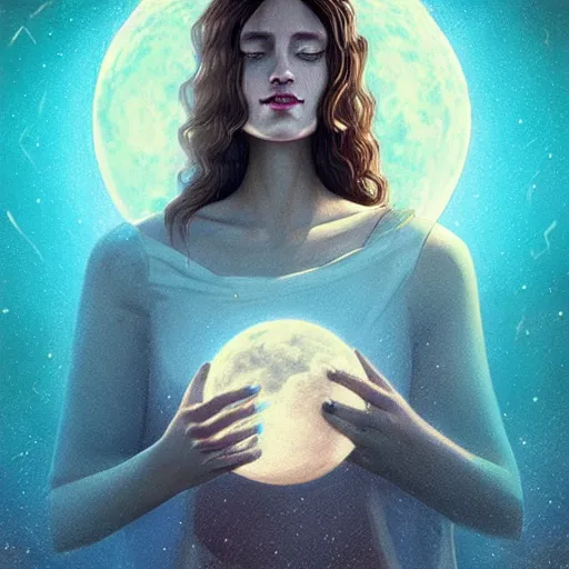 Image similar to woman grasping the moon, closeup!, digital art, tarot card, symmetrical portrait!!, trending on cgsociety, contest winner, digital art, intricate, by beeple, artgerm, rutkowski, mumford, bussiere, villeneuve, symmetry!!