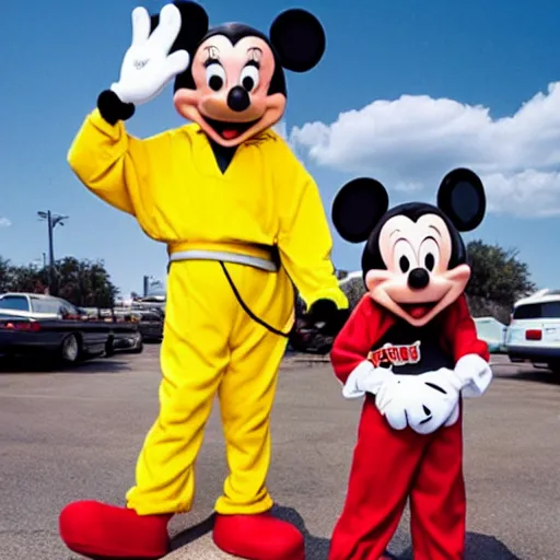 Image similar to photo of walter white with a man in a mickey mouse costume