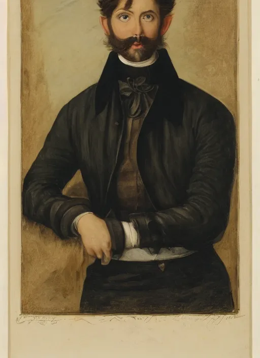 Image similar to portrait of handsome young elf with brown eyes brown hair and a short neat beard by charles angrand, only one head single portrait, pointy ears, wearing a black leather collared jacket